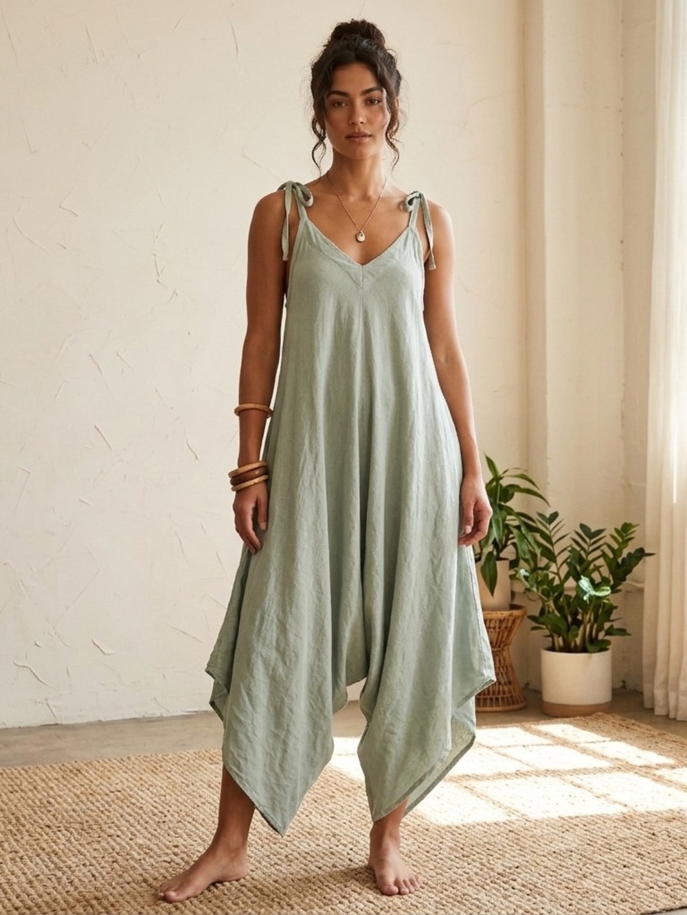 Puro Lino Italian Linen Harem Jumpsuit Sage Green Lagenlook Boho Summer Romper